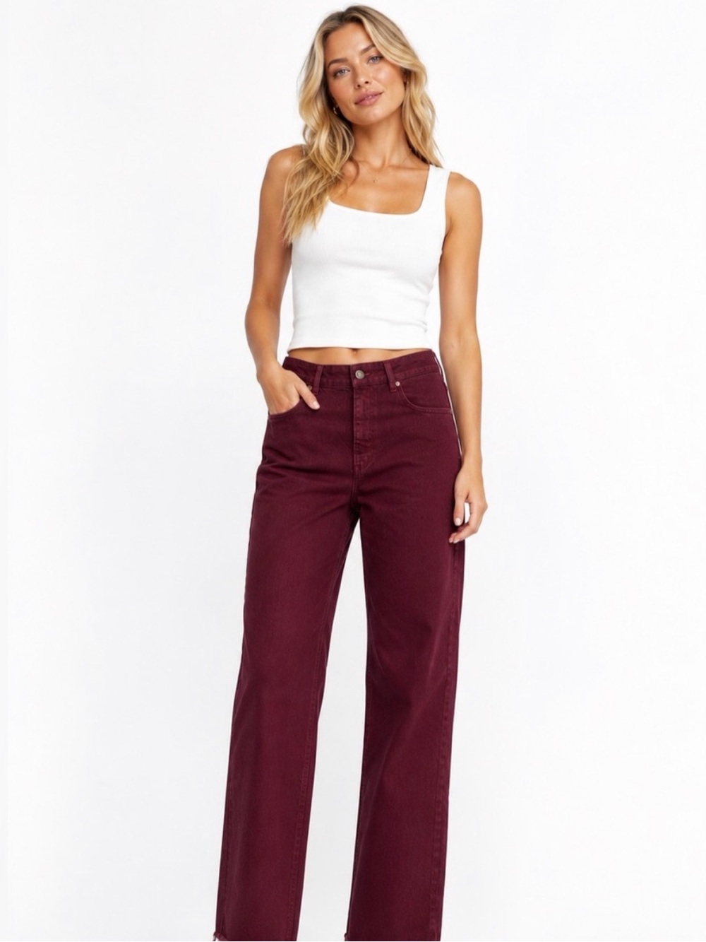 Zara burgundy high rise straight leg jeans women’s size 8